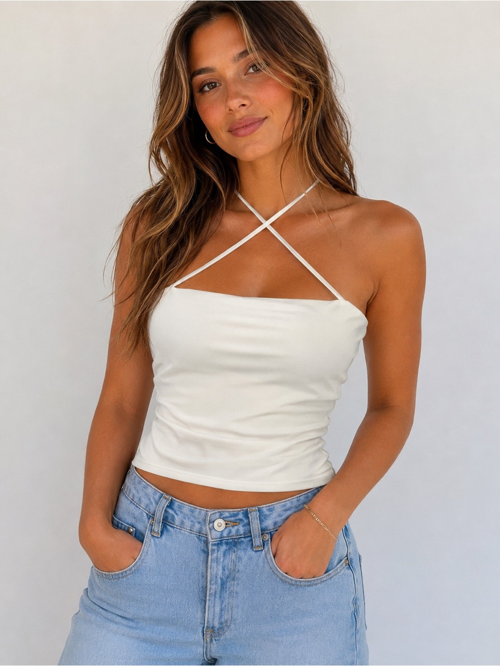 Zara White Open Back Cross Strap Halter Top Small